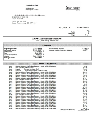 Download Canada British Columbia PeoplesTrust bank business checking statement word